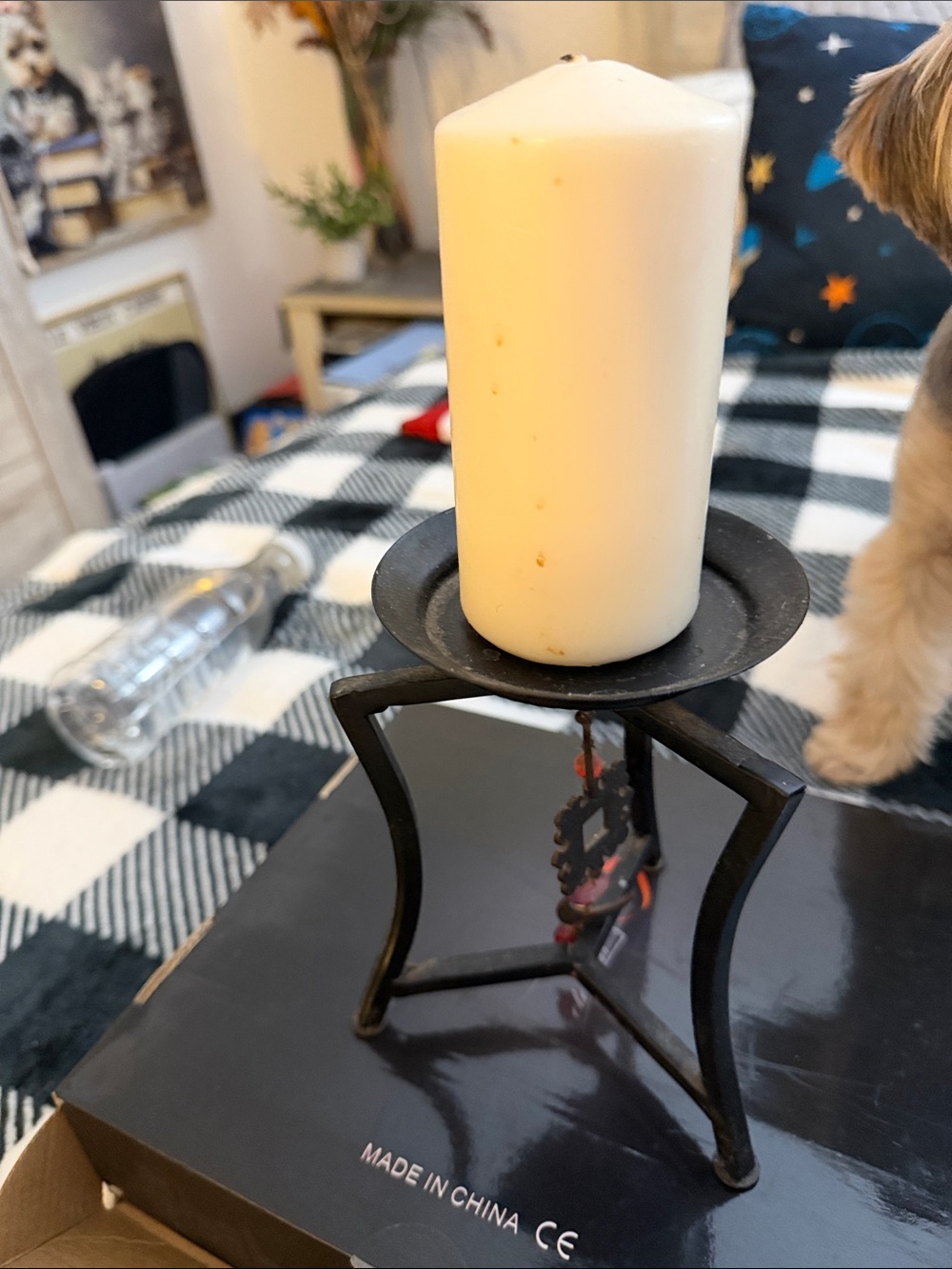 Rustic Black Metal Candle Holder with Ivory Pillar Candle